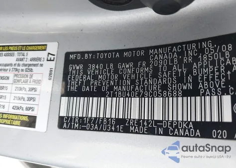 2009 Toyota Corolla Le z USA, uszkodzony, nr VIN 2T1BU40E79C058688